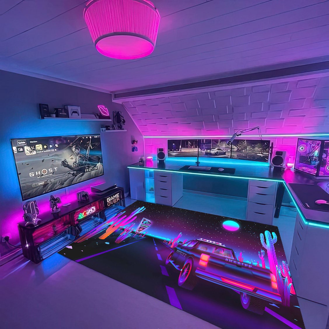 Neon Car Rug Retro Wave Rug Sheriff Car Rug Neon Sports Etsy