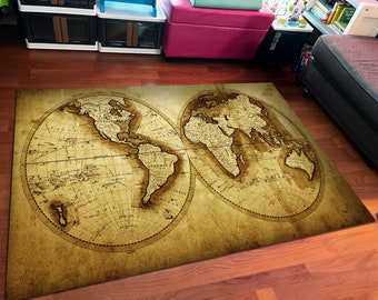 Aged World Map Rug: Vintage Style Non-Slip Floor Mat