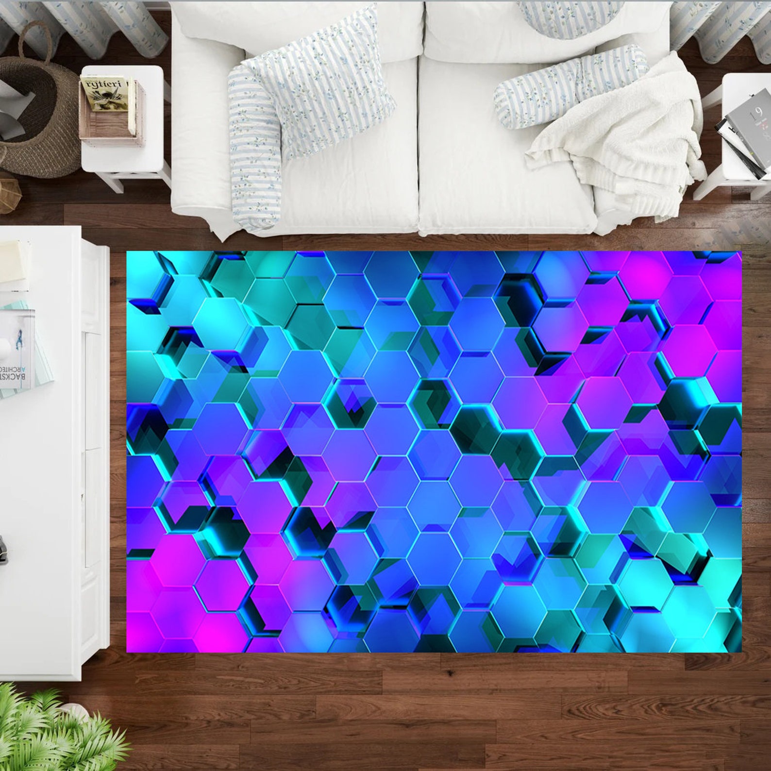 Gamer Rug, Cool Neon Hexagons Rug, Gaming Decor, Esport Rug, Gaming Rug, Game Room Rug, Gamer