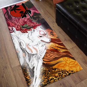 Alfombra Amaterasu Wolf: Camino de mesa de mitología japonesa, decoración rosa para habitación de niña