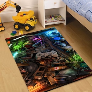 Arcade Rug, Game Rug, Video Game Rug, Helmet Themed Rug, Inventory Rug, Health Bag Rug, Popular Rug, Area Rug, Game Room Rug, Kids Room Rug