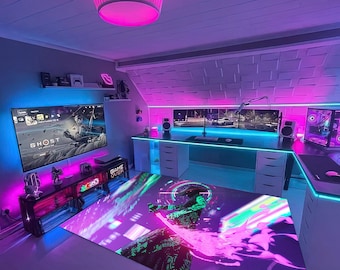 Neon Samurai Rug, Gamer Rug, Neon Anime Rug, Cyber World Rug, Neon Purple Rug, Popular Rug,Japanes Anime Rug, Samurai Rug, Tecno Rug