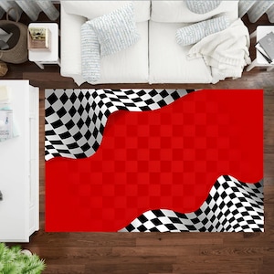 Puede incluir: Una alfombra de bandera de carreras a cuadros rojos y blancos con un fondo a cuadros. La bandera ondea al viento.