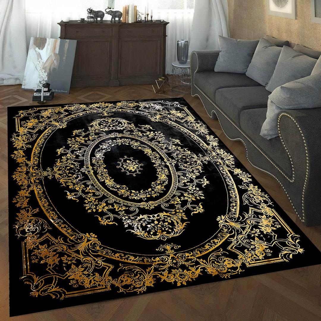 Gold and Black Royal Chamber Rug: Non-slip Cotton Base - Etsy