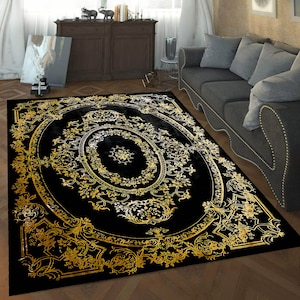 Classic Rug, Historically Looking Rug, Cool Rug, Royal Chamber Rug, Popular Rug, Area Rug, Home Decor, Gold Black Rug, Print Rug