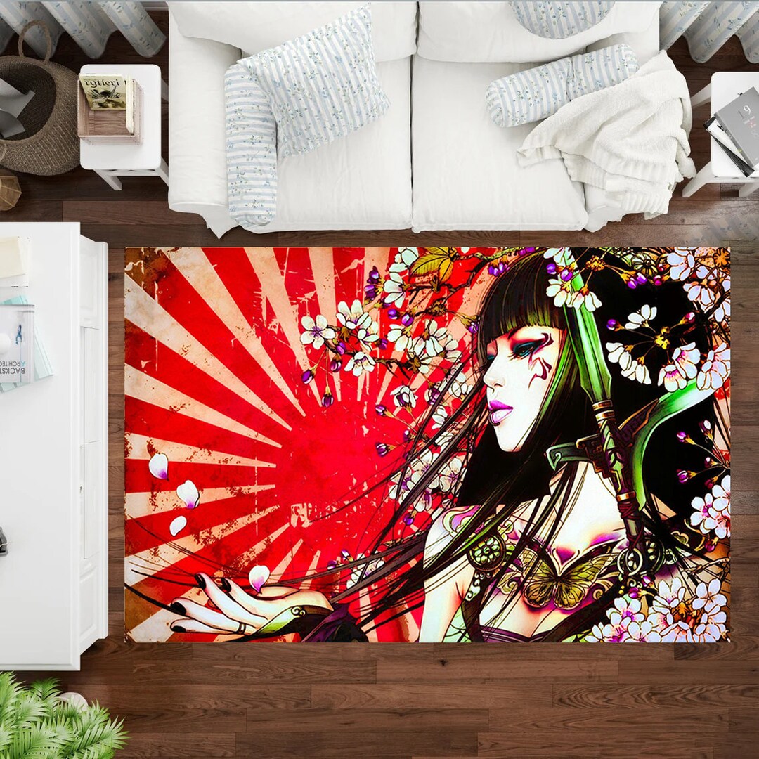 2d Japanese Rug Geisha Rug, Anime Rug, Japanese Sun Rug, Red White Rug, Anime Girl Rug ...