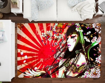Geisha Rug, Anime Rug, Japanese Sun Rug, Red White Rug, Anime Girl Rug, Popular Art Rug, Japan Culture Rug, Area Rug, Game Room Rug, Red Rug