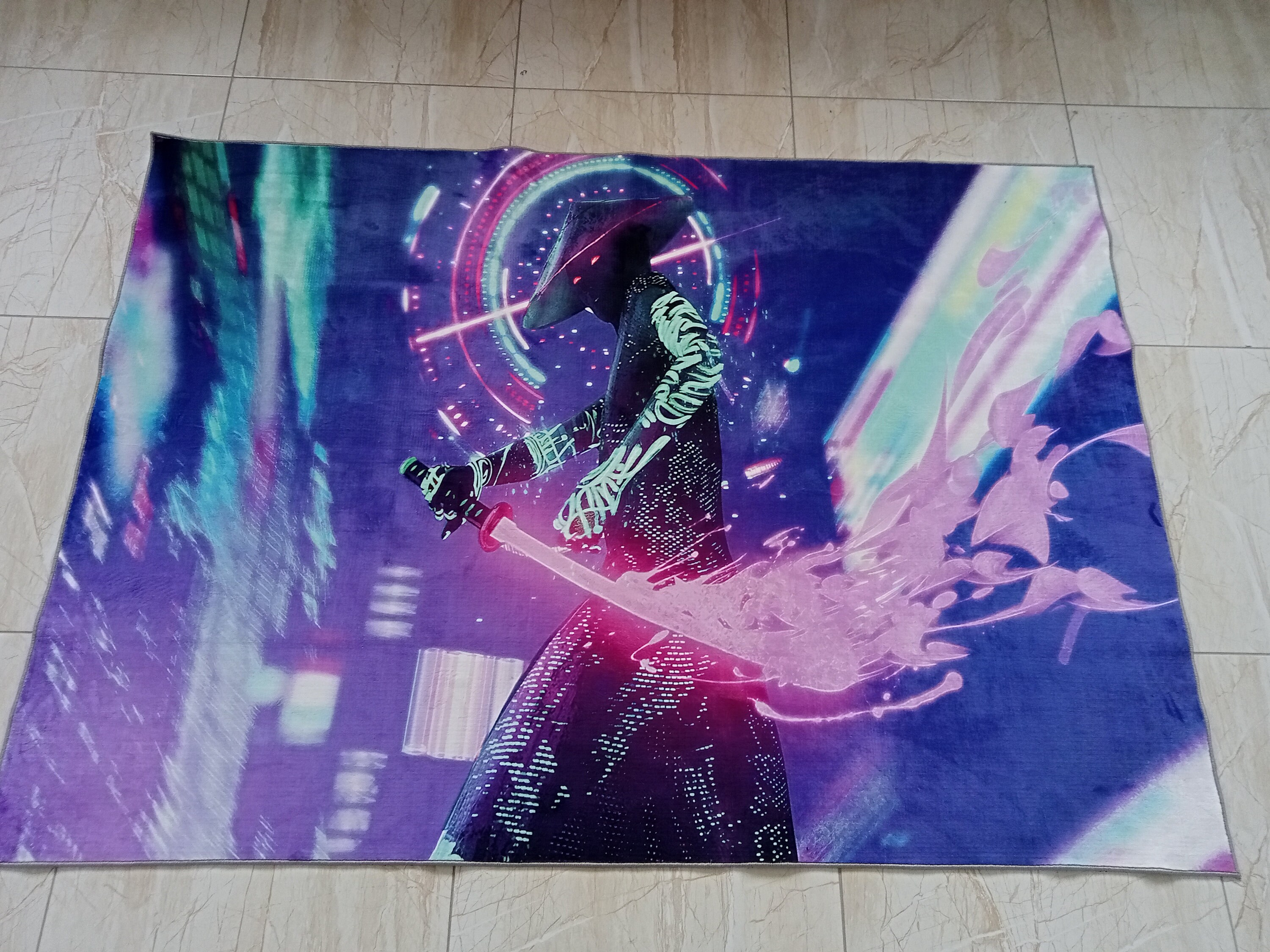 Cyperpunk Rug Neon Samurai Rug: Cyberpunk Gamer Room Decor - Etsy