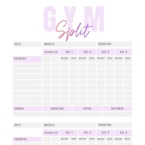 May include: A printable workout planner with a white background and a soft purple gradient. The title "GYM Split" is at the top. The planner includes sections for date, muscle group, exercises, and cardio, with spaces for sets, reps, weight, and duration.