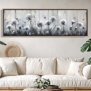 Dandelions on Wood Panoramic Canvas Print | Framed Wall Art | Dandelion Painting | Nature Wall Art | Tranquil Floral Decor | Ready To Hang
