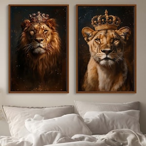 Lion and Lioness King Queen Canvas Set | Romantic Couples Bedroom Decor | Framed Canvas Print | Regal Wildlife Artwork | Anniversary Gift