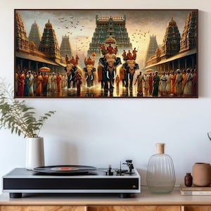 Essence Of Temple Festival In Southern India Painting Framed Print, Indian Canvas Wall Art, Indian Art, South Indian Painting, Hang-Ready