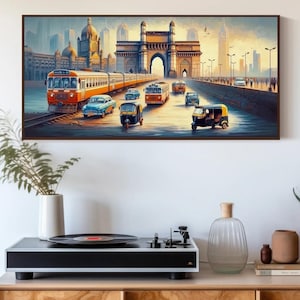 Mumbai Abstract Panoramic Canvas Print, Vibrant Bombay Cityscape Painting, Iconic Indian Wall Art for Living Room or Office