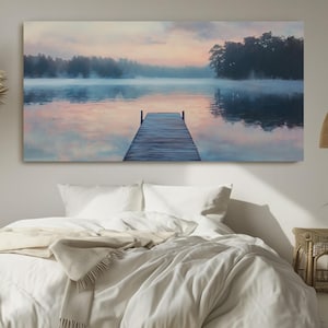 Quiet Lake at Dawn Panoramic Painting Canvas Print | Tranquil Nature Wall Art | Serene Morning Reflections Decor | Landscape Canvas