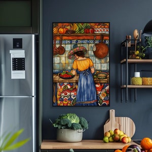 Colorful Mexican Kitchen Wall Art, Mexican Woman Canvas Painting, Framed Print, Vibrant Cultural Decor, Mexican Restaurant and Home Decor