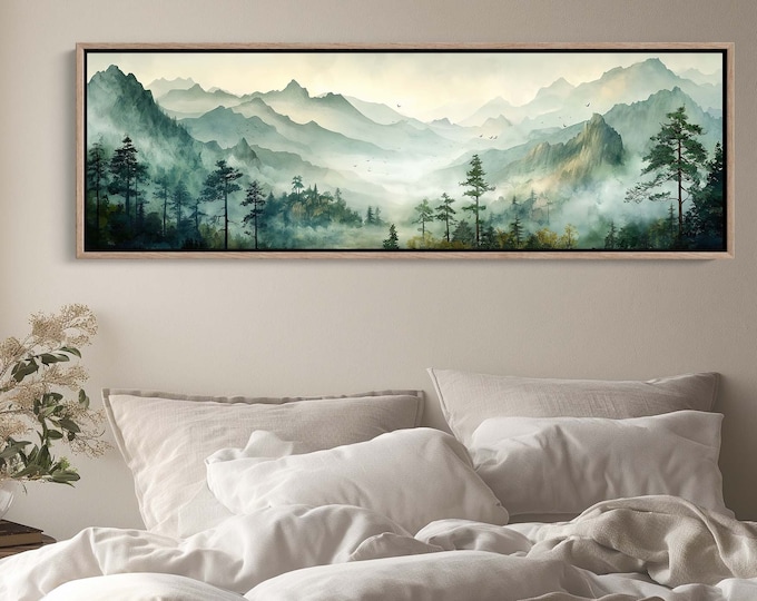 Sage Green Watercolor Over Bed Wall Art Mountains Lake Long Horizontal ...