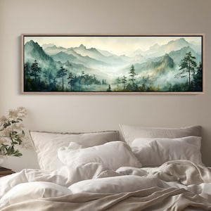 Green Mountain Trees Landscape Watercolor Canvas Print | Long Horizontal Over-the-Bed Wall Art | Nature Bedroom Decor | Mountain Scene