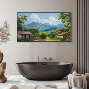 Mexican Village Tropical Canvas | Vibrant Mexican Wall Art | Framed Colorful Village Scene for Living Room, Bedroom, Patio, Ready to Hang