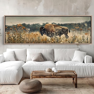 Bison in Wildflowers Field Vintage Oil Painting, Large Horizontal Canvas Art, Rustic Western Wall Decor for Living Room or Bedroom