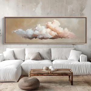 Calm Cloud Painting Panoramic Canvas Print - Muted Pastel Sky Art - Framed Serene Wall Decor for Living Room or Bedroom, Ready to Hang