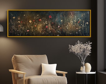 Wildflower Meadow Field Oil Painting - Long Horizontal Canvas Art - Panoramic Dark Academia Wall Decor for Above Bed, Bedroom, Living Room