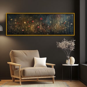 Wildflower Meadow Field Oil Painting - Long Horizontal Canvas Art - Panoramic Dark Academia Wall Decor for Above Bed, Bedroom, Living Room