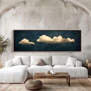 Vintage Clouds Painting, Cloudy Sky Canvas Print, Long Horizontal Extra Large Art, Panoramic Framed Wall Decor for Living Room Ready to Hang