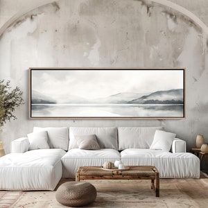 Mountain and Lake Abstract Minimalist Watercolor Landscape, Panoramic Long Horizontal Canvas Art, Framed Tranquil Wall Decor for Living Room