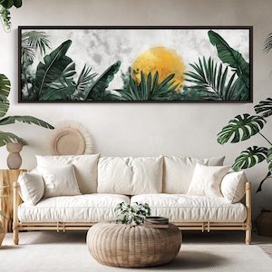 Tropical Sun Modern Watercolor Painting, Long Horizontal Extra Large Canvas Art, Panoramic Tropical Wall Decor for Living Room