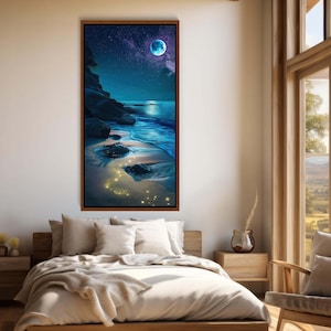 Moon on the Beach Panoramic Wall Art, Canvas Painting, Framed Print, Coastal and Modern Decor, Ready to Hang, Living Room or Bedroom