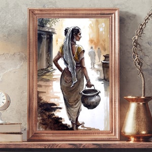 Indian Village Art, Watercolor Woman Art, Rural Indian Art, Village Scene Print, South Asian Artwork, Indian Countryside, Indian Home Decor