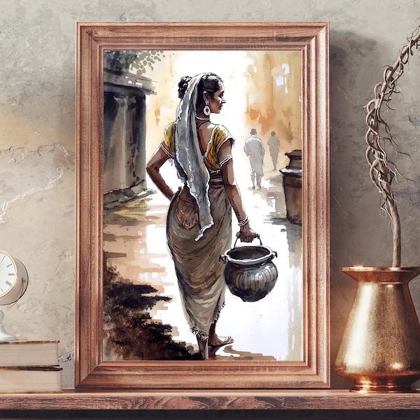 Indian Village Art, Watercolor Woman Art, Rural Indian Art, Village Scene Print, South Asian Artwork, Indian Countryside, Indian Home Decor