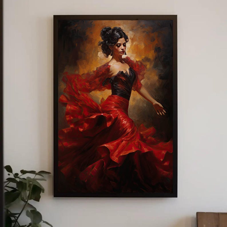Flamenco Dancer Canvas Print, Spanish Art, Red Dress image 1
