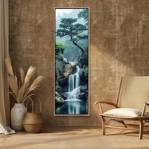 Zen Waterfall Long Vertical Canvas, Framed Nature Wall Art