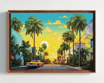 Kunstprint van Miami, palmbomen, stadsgezicht op canvas, klaar om op te hangen.