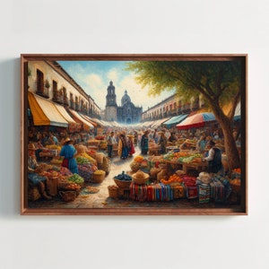 Mexican Market Oil Painting, Canvas Framed Print, Mexican Cultural ...