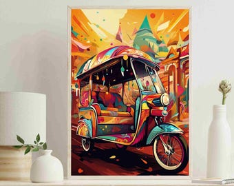 May include: A vibrant, multi-colored art print featuring a stylized three-wheeled auto rickshaw. The vehicle is decorated with intricate, swirling patterns in shades of orange, pink, blue, and yellow, set against a dynamic, abstract background.