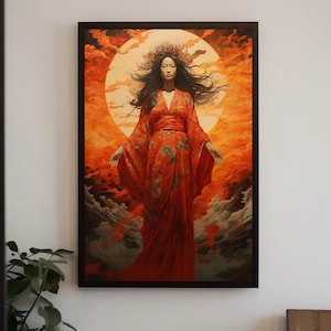 Japanese Sun Goddess Art Print - Amaterasu Canvas Deity Artwork - Large Vertical Painting - Framed Canvas and Poster
