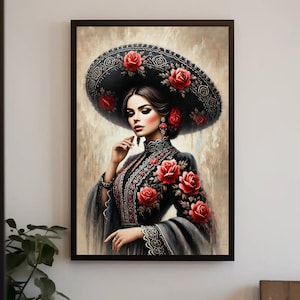 Mexican Girl with Flowers Watercolor Canvas Print, Vintage-Style Wall Art, Mexican Folk Art Decor, Cultural Floral Painting, Ready to Hang