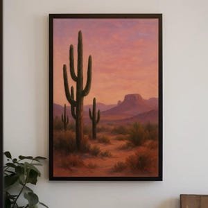Desert Cactus Sunset Canvas Print, Southwestern Saguaro Wall Art for Boho Living Room or Office, Warm Western Landscape Print