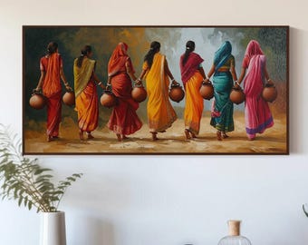 May include: A horizontal wall art print depicting seven figures walking in a line, each wearing a vibrant sari in shades of red, yellow, green, and pink. Each figure carries a round, brown clay pot at their side against a muted background.