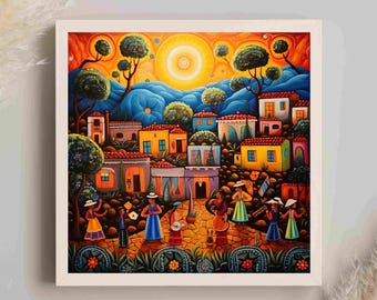 Mexican Folk Art Canvas Print, Colorful Village Scene