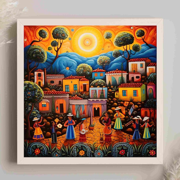 Impresión en lienzo de arte popular mexicano, escena de pueblo colorido