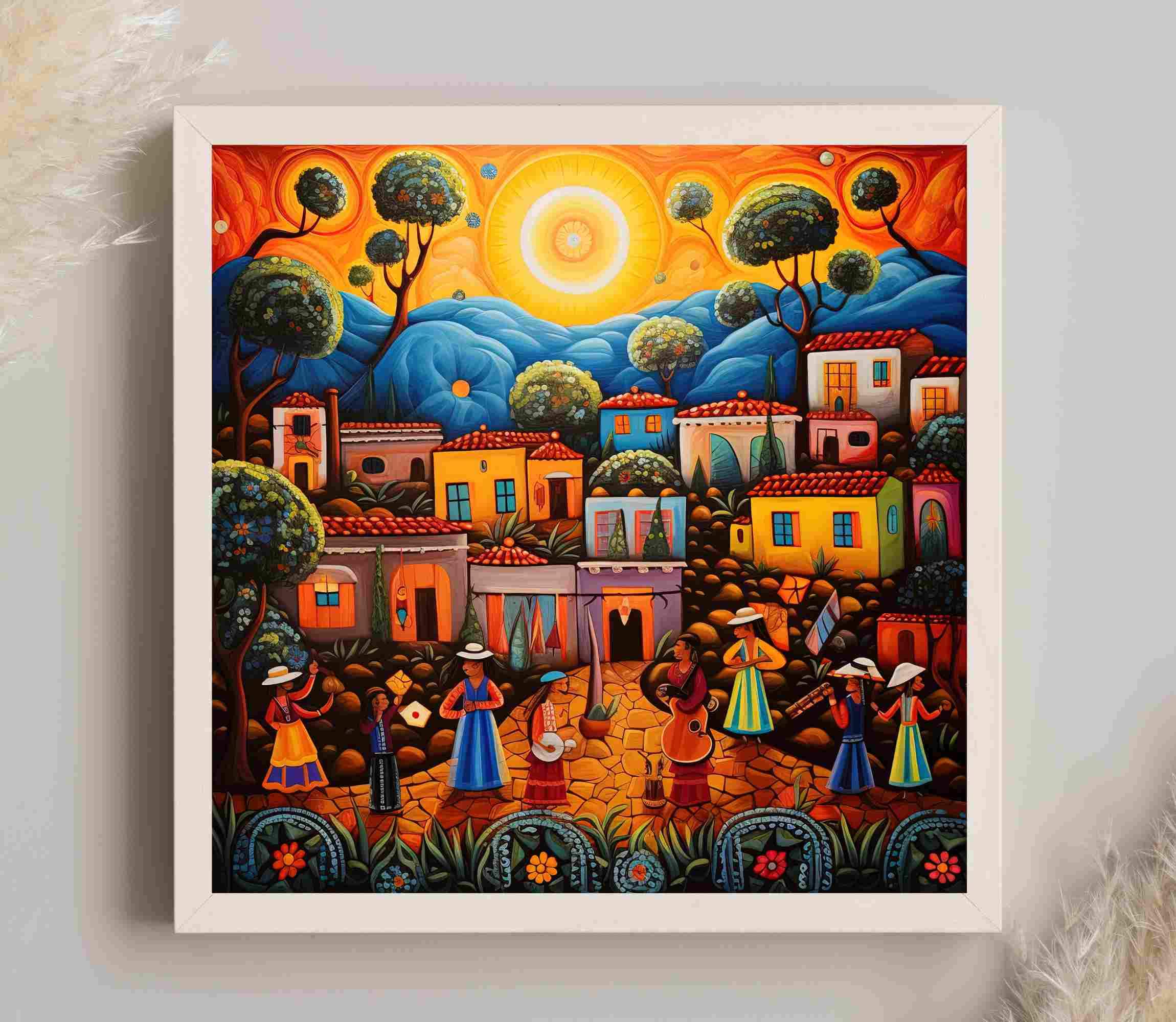 Mexican Folk Art Canvas Print, Colorful Village Scene - Etsy
