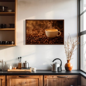Coffee Cup Canvas Print - Brown Cafe Decor Wall Art for Kitchen or Coffee Shop - Coffee Beans Painting Poster