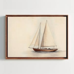 Art deco sailboat watercolor canvas print, vintage nautical wall art, retro maritime decor for coastal or beach house