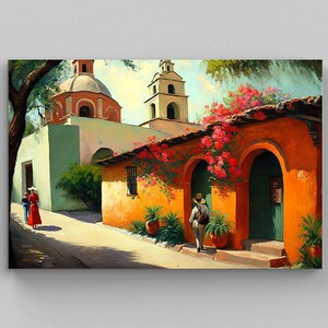 Mexican Village Landscape Art Print, Vibrant Home Decor
