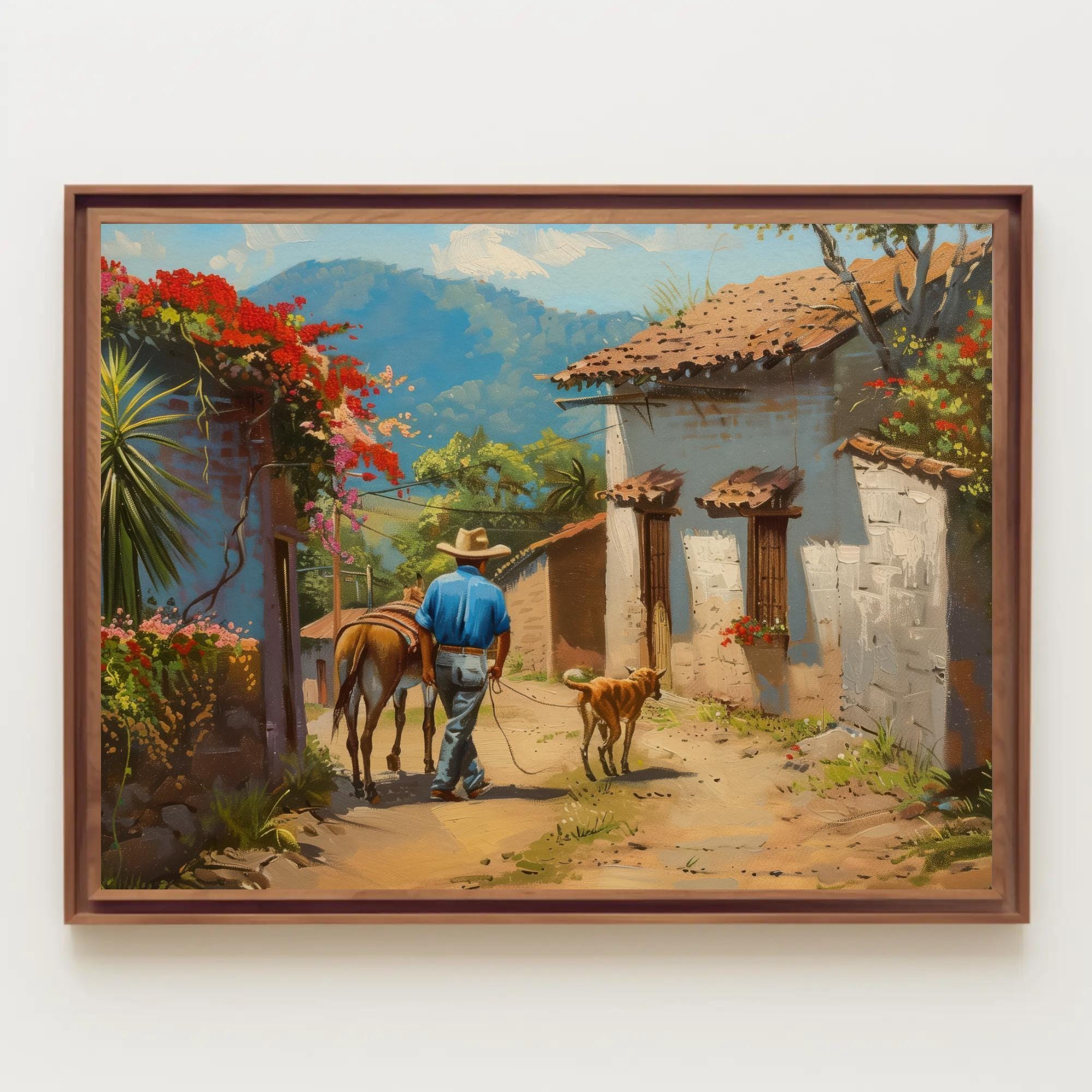 Framed Mexican Village Oil Painting | Man, Donkey, Dog Canvas Art
