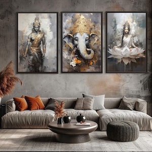 Hindu Deities Oil Painting Canvas Art, Ganesh, Ram, Lakshmi, Set of 3