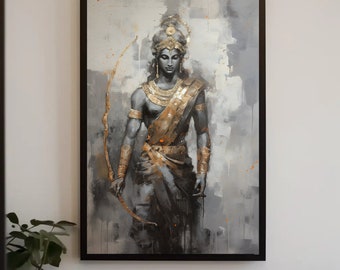 Lord Rama mit Pfeil und Bogen Malerei auf großer Leinwand oder Poster, Hindu Wandkunst, indische Dekoration, indische Malerei, Desi Wandkunst